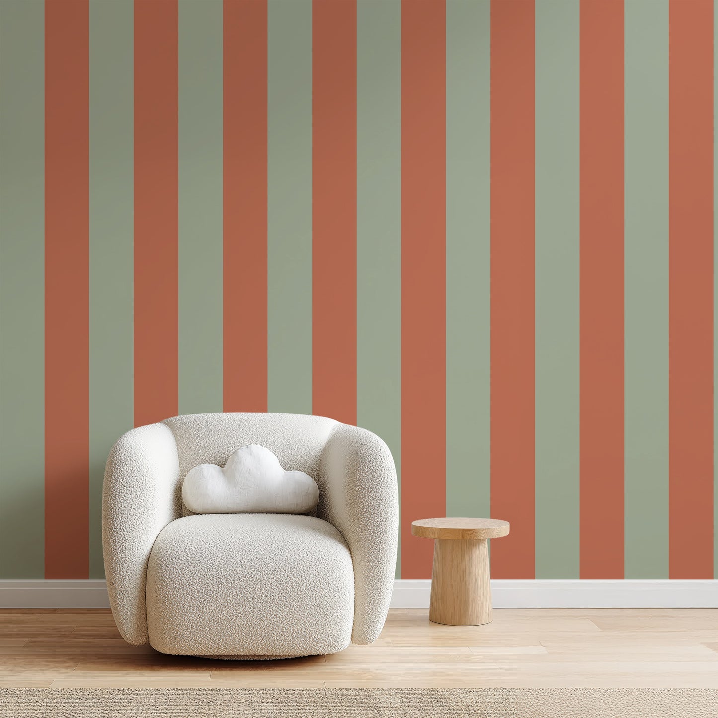 Wide Stripe Wallpaper – Sage & Baked Clay styled in a living room