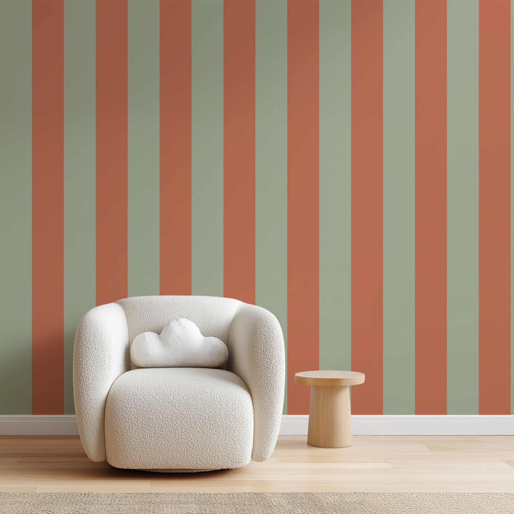Wide Stripe Wallpaper – Sage & Baked Clay styled in a living room
