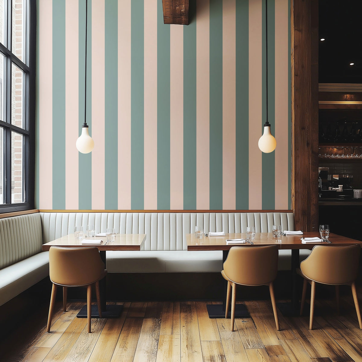 Sage Grey & Apricot Blush – Wide Stripe Wallpaper styled in a boutique hotel and hospitality space