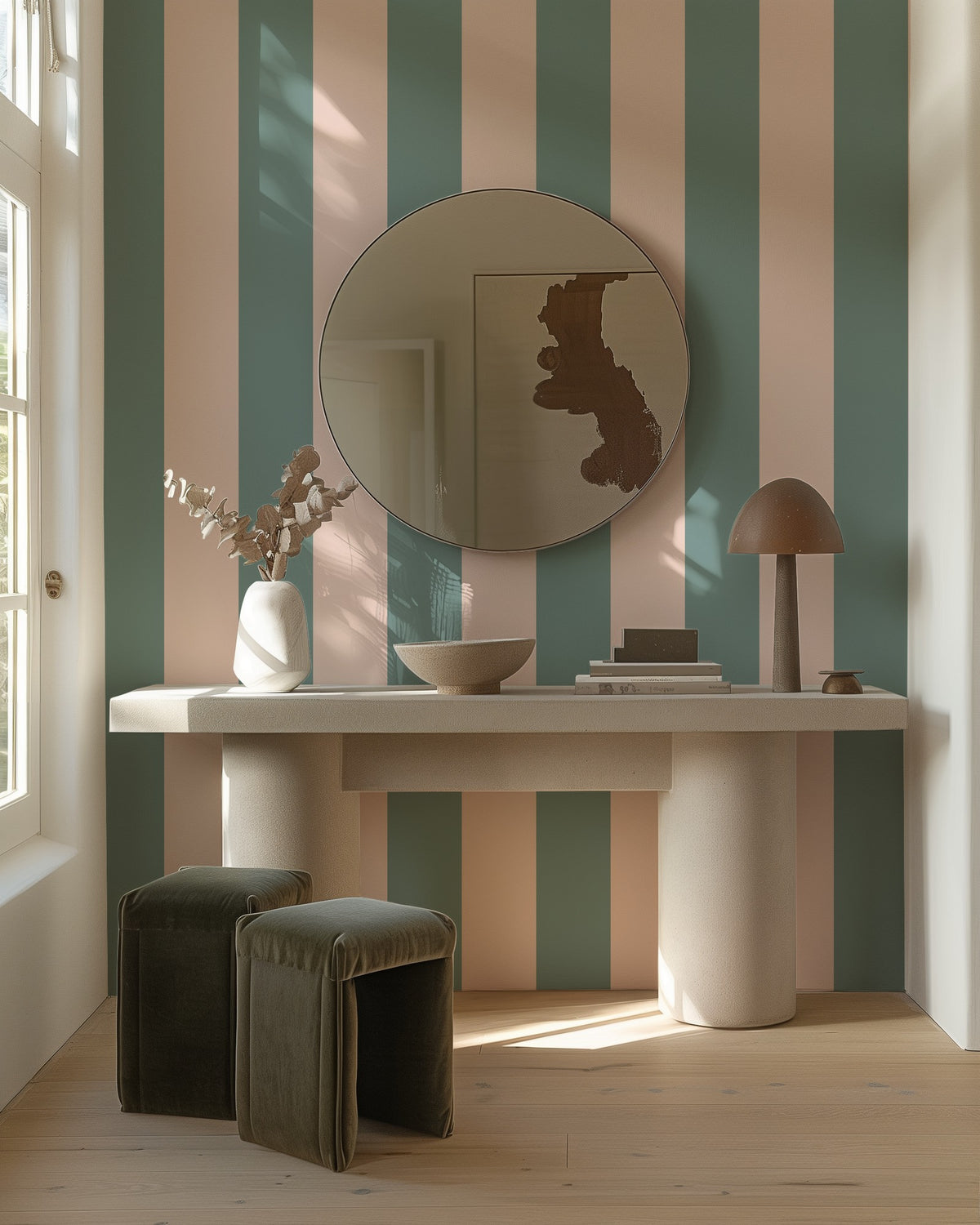 Sage Grey & Apricot Blush – Wide Stripe Wallpaper styled in a hallway and home office
