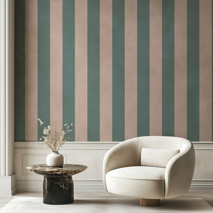 Sage Grey & Apricot Blush – Wide Stripe Wallpaper styled in a hallway and home office