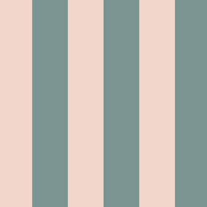 Wide Stripe Wallpaper in Sage Grey & Apricot Blush – graphic, wide stripes on an apricot blush ground