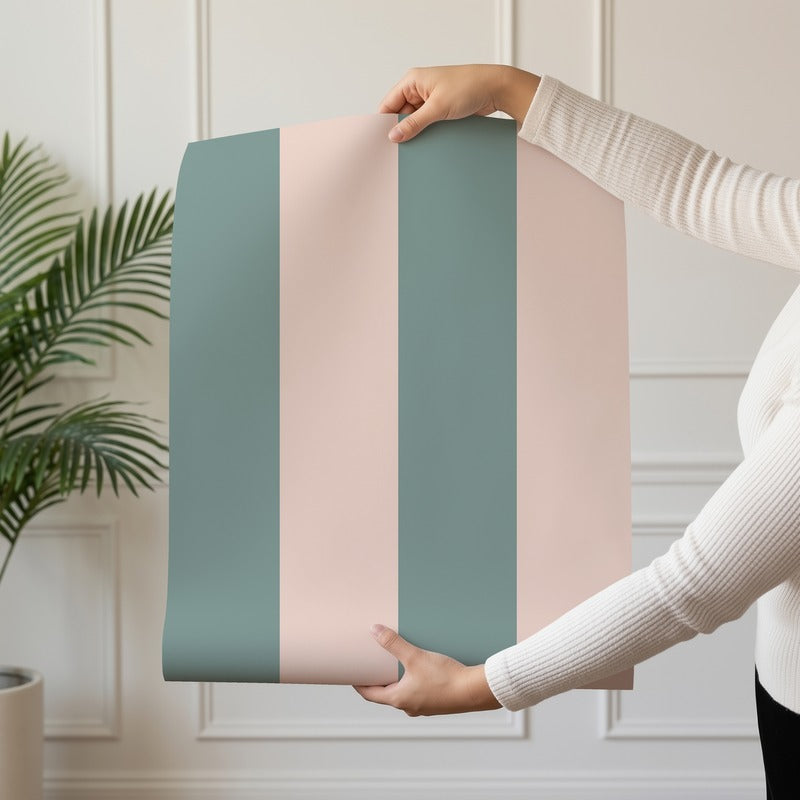 Wide Stripe Wallpaper roll in Sage Grey & Apricot Blush – graphic, wide stripes on an apricot blush ground