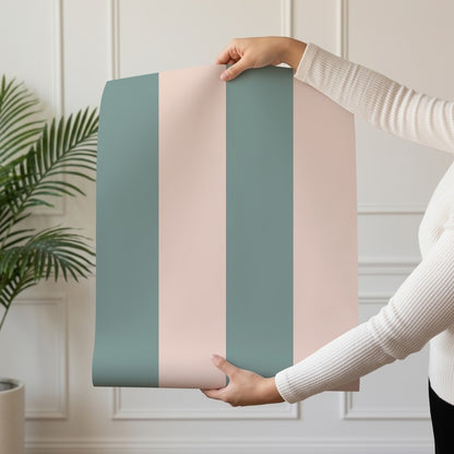Wide Stripe Wallpaper roll in Sage Grey & Apricot Blush – graphic, wide stripes on an apricot blush ground