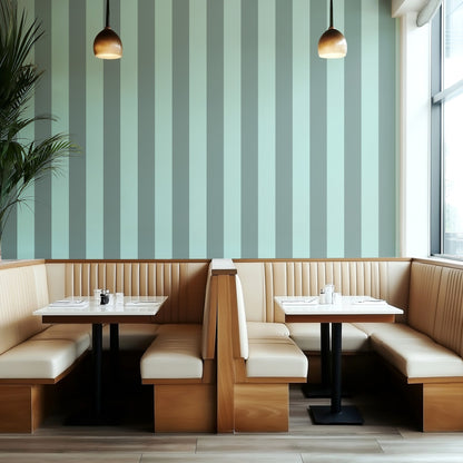 Sage Grey & Sea Mint – Wide Stripe Wallpaper styled in a boutique hotel and hospitality space