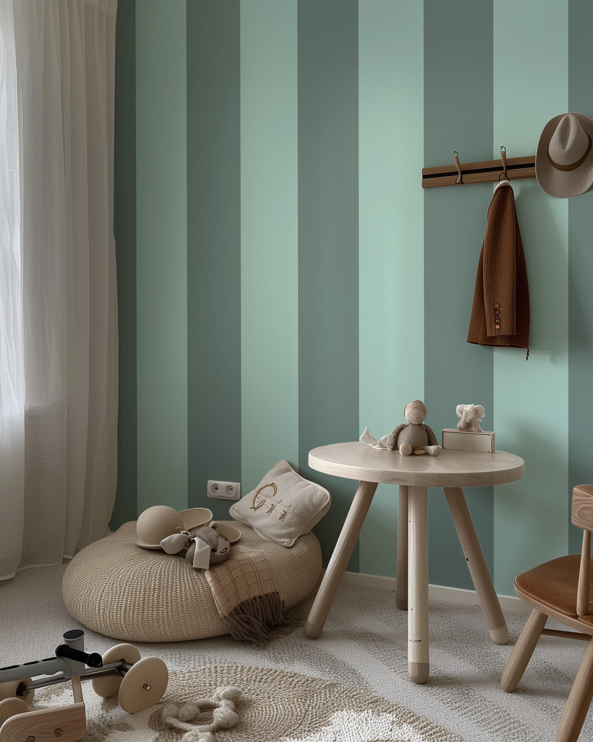 Sage Grey & Sea Mint – Wide Stripe Wallpaper styled in a kids' room and nursery