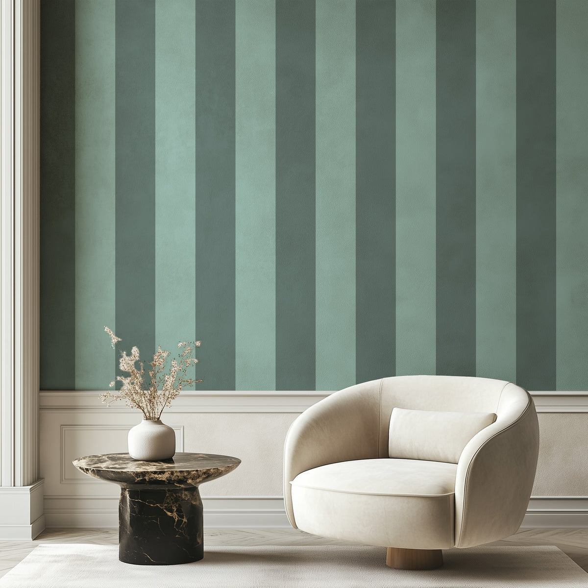 Sage Grey & Sea Mint – Wide Stripe Wallpaper styled in a living room