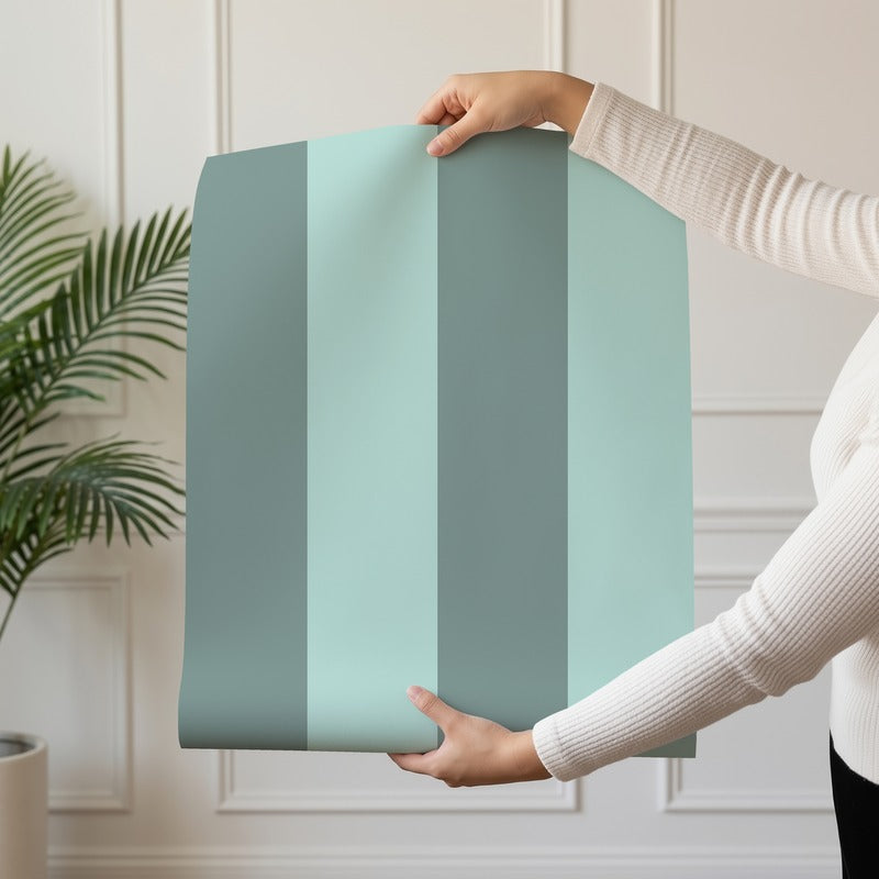 Wide Stripe Wallpaper roll in Sage Grey & Sea Mint – graphic, wide stripes on a sea mint ground