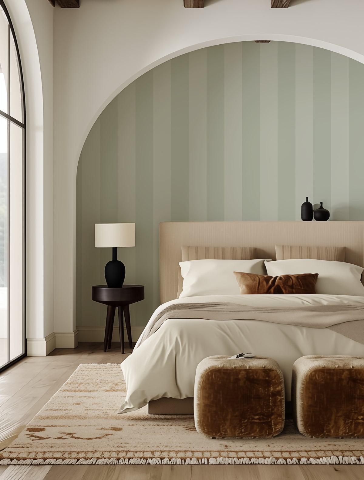 Sage Mist & Pale Eucalyptus – Wide Stripe Wallpaper styled in a bedroom