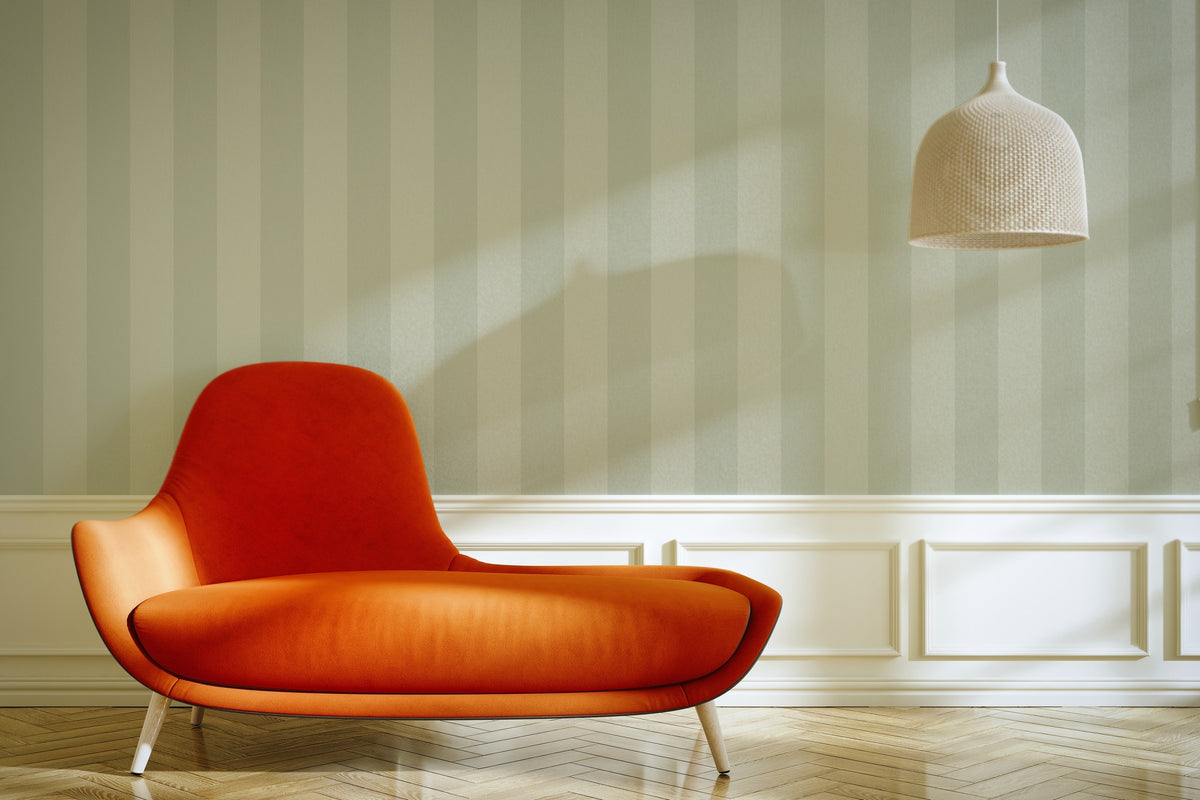 Sage Mist & Pale Eucalyptus – Wide Stripe Wallpaper styled in a living room