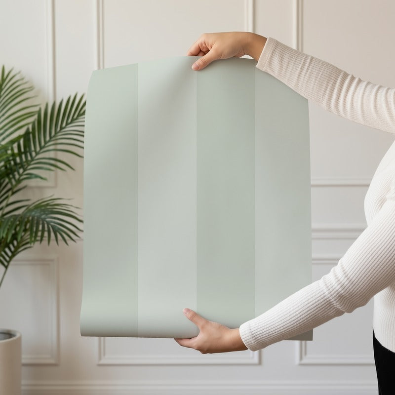 Wide Stripe Wallpaper roll in Sage Mist & Pale Eucalyptus – graphic, wide stripes on a pale eucalyptus ground