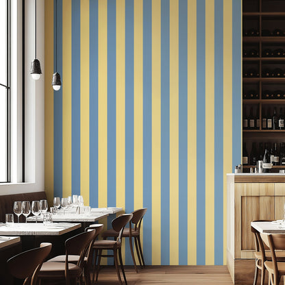 Wide Stripe Wallpaper – Soft Denim & Pale Yellow styled in a boutique hotel and hospitality space