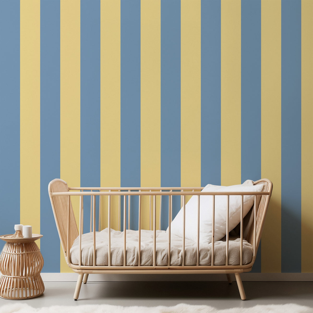 Wide Stripe Wallpaper – Soft Denim & Pale Yellow styled in a kids' room and nursery