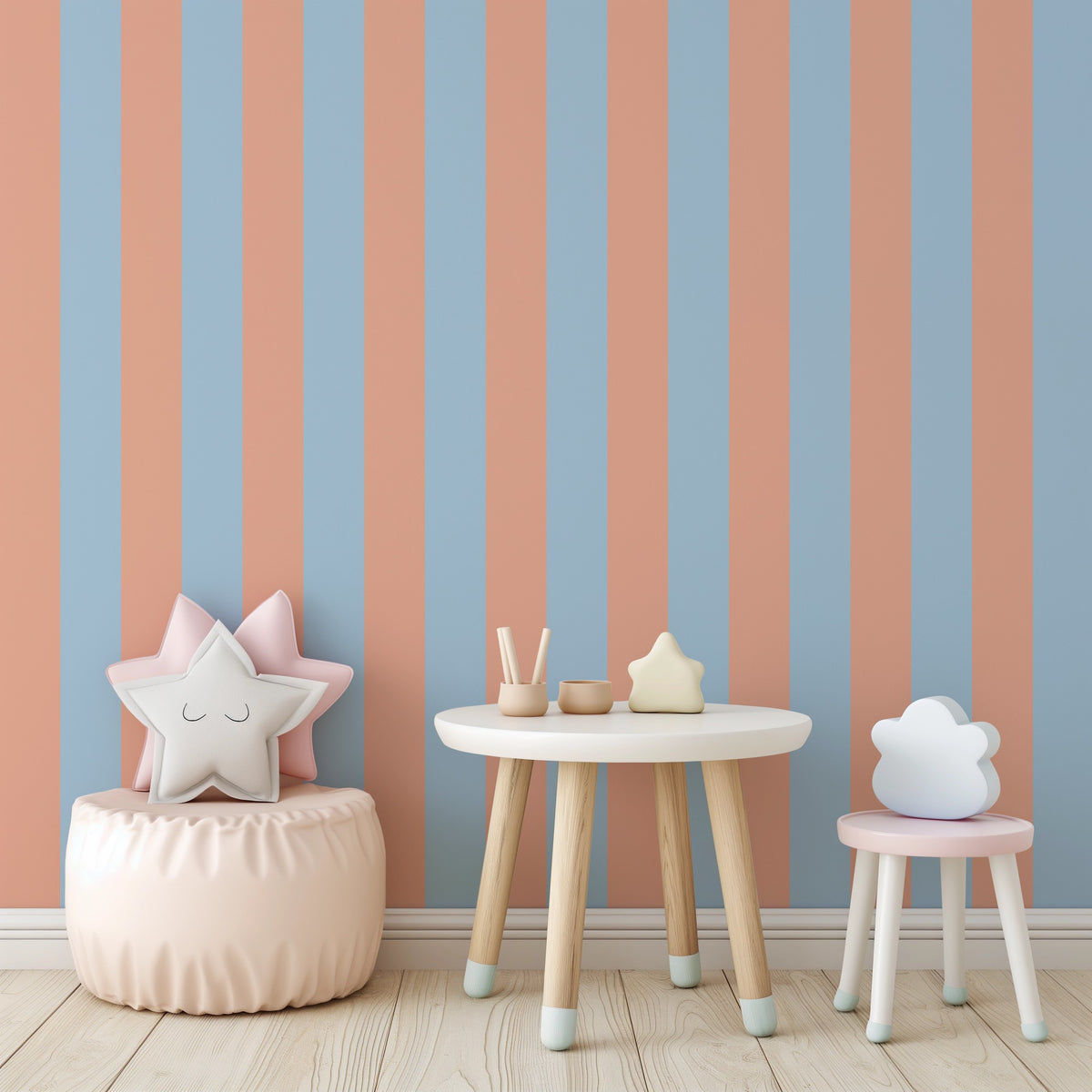 Wide Stripe Wallpaper – Soft Peach & Sky Blue styled in a kids' room and nursery
