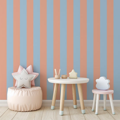 Wide Stripe Wallpaper – Soft Peach & Sky Blue styled in a kids' room and nursery