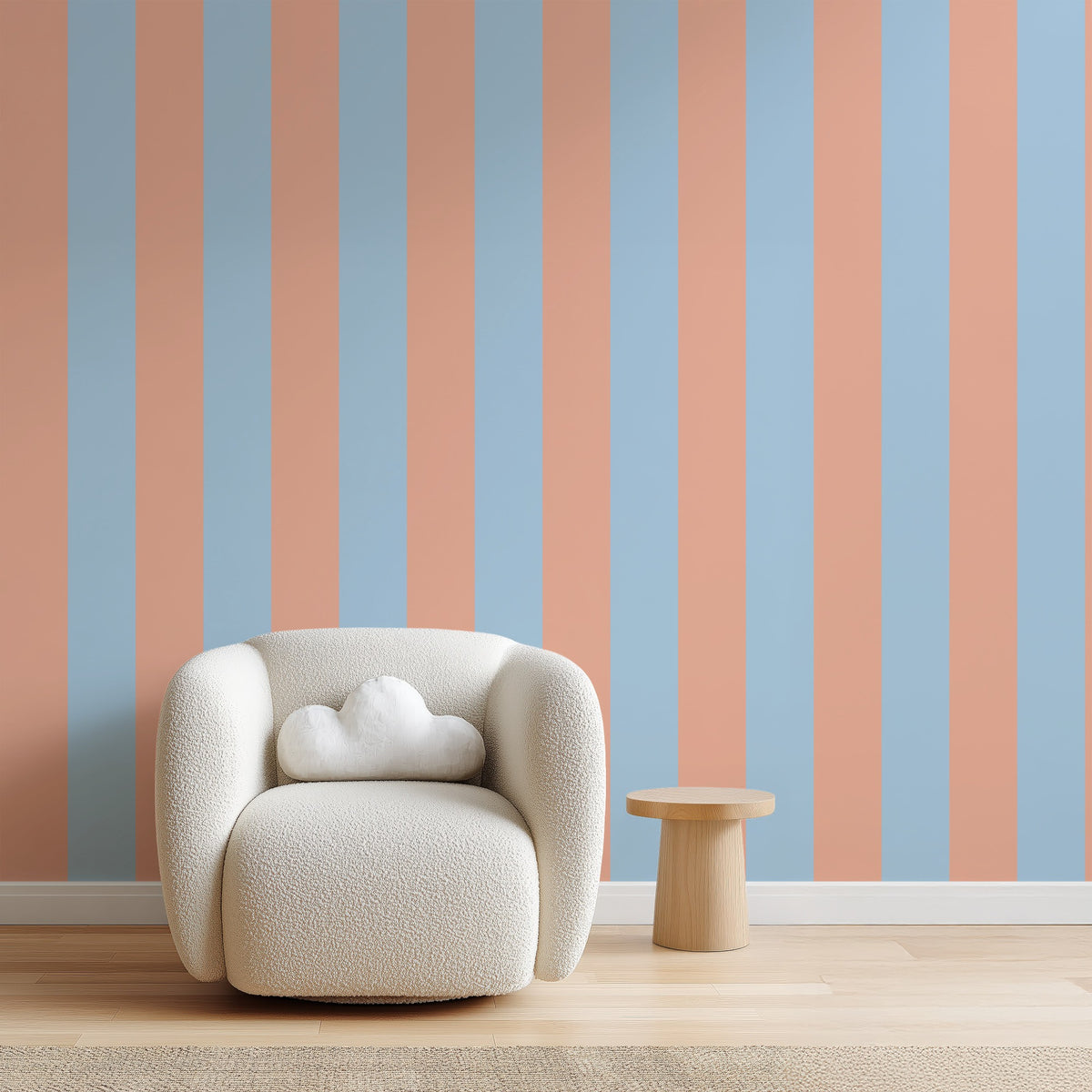Wide Stripe Wallpaper – Soft Peach & Sky Blue styled in a living room