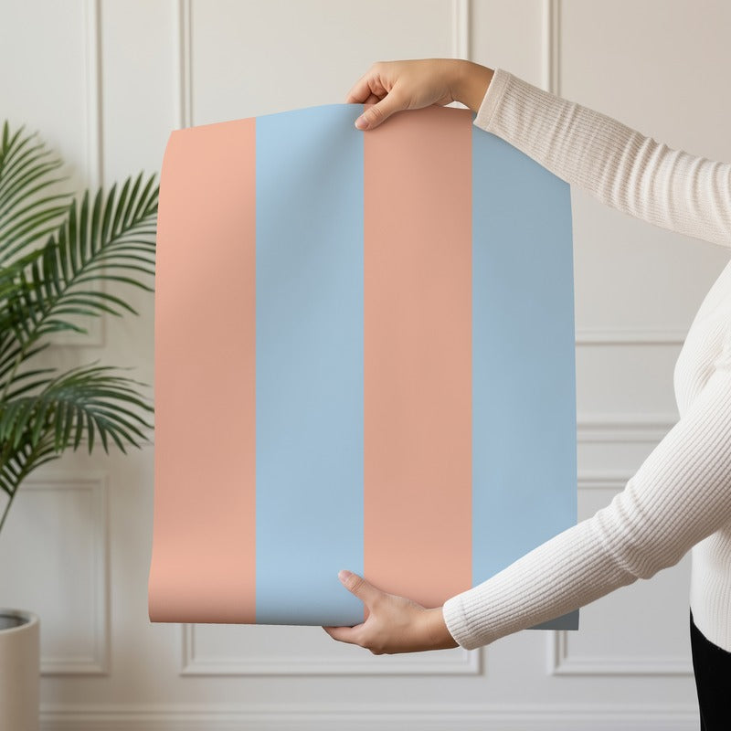 Wide Stripe Wallpaper roll in Soft Peach & Sky Blue – graphic, wide stripes on a sky blue ground