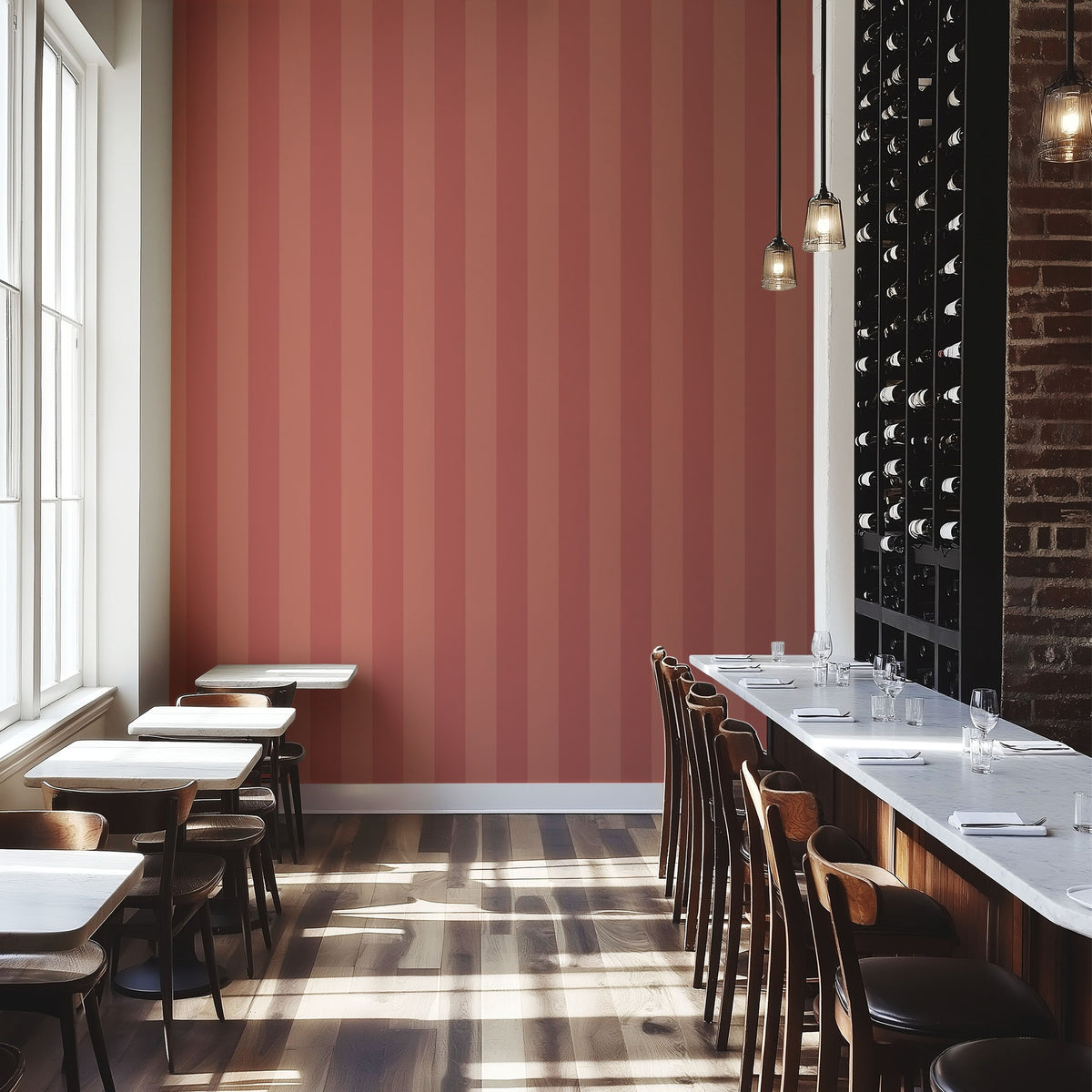 Terracotta & Baked Clay – Wide Stripe Wallpaper styled in a boutique hotel and hospitality space