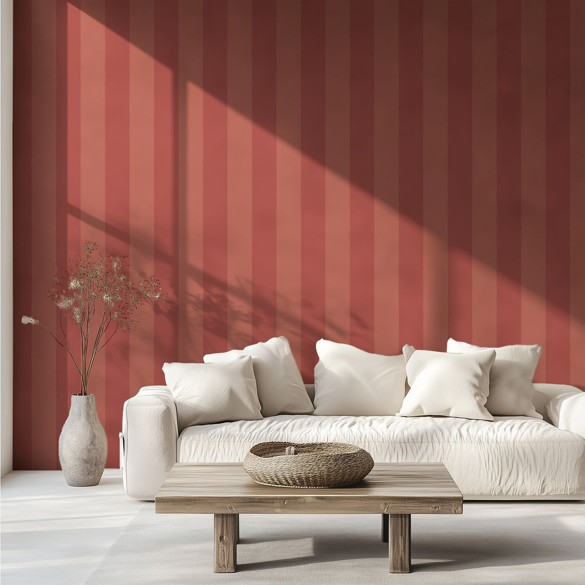 Terracotta & Baked Clay – Wide Stripe Wallpaper styled in a living room