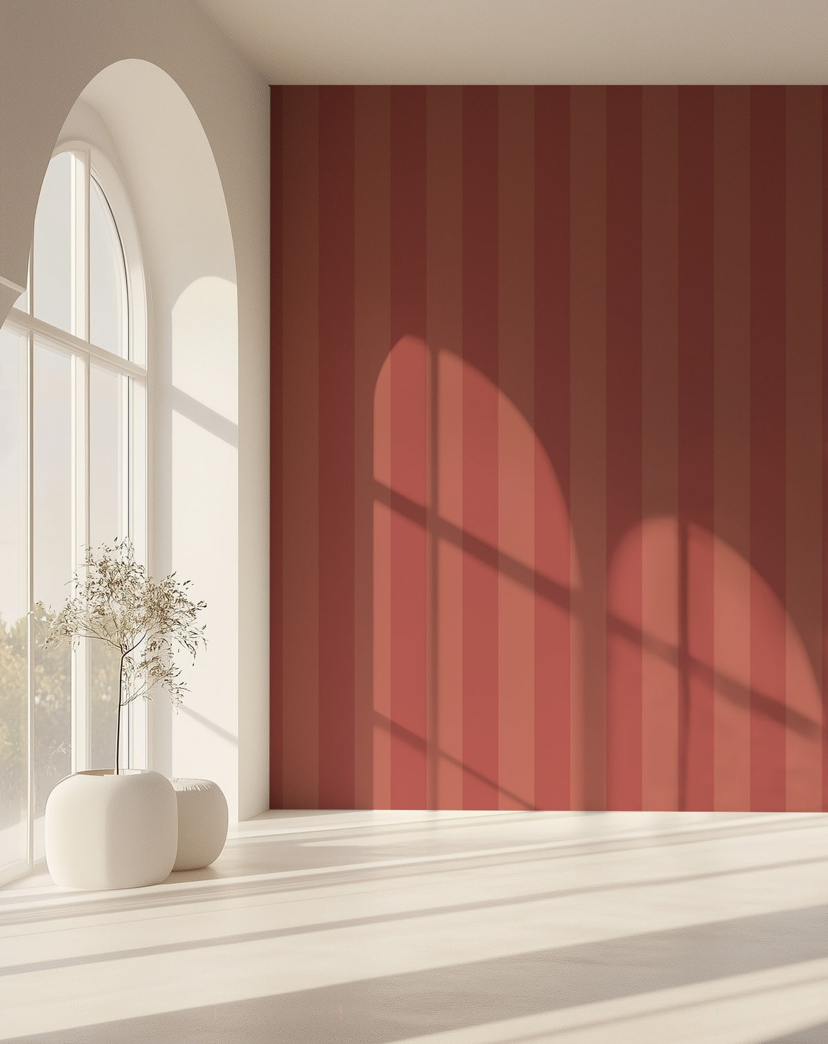 Terracotta & Baked Clay – Wide Stripe Wallpaper styled in a hallway and home office