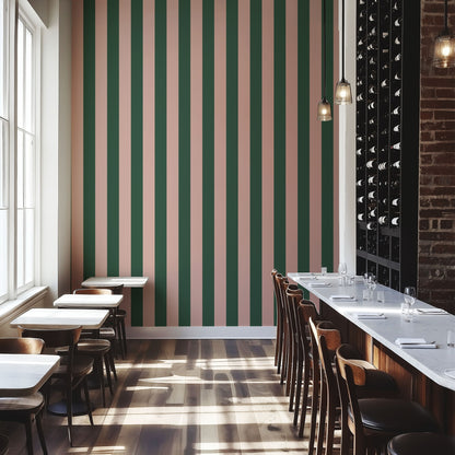 Wide Stripe Wallpaper – Warm Blush & Forest Green styled in a boutique hotel and hospitality space