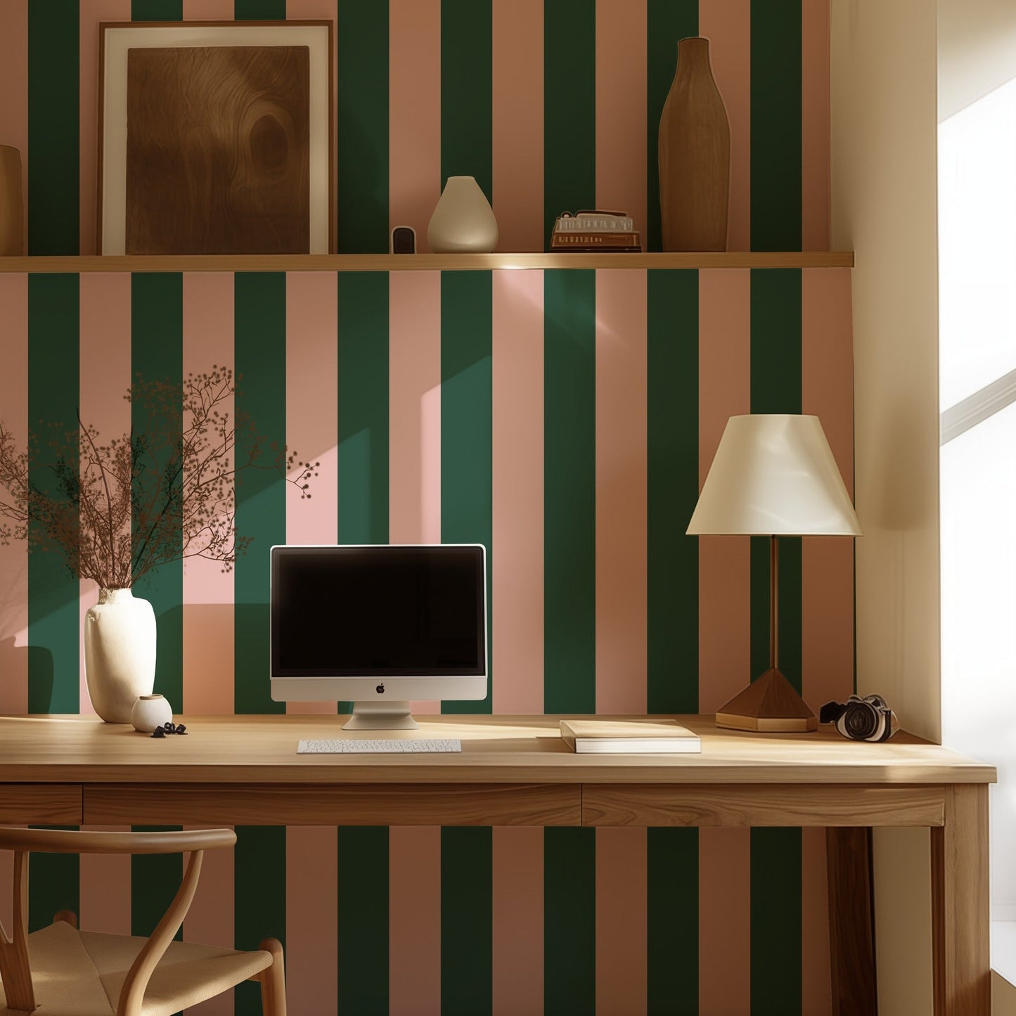 Wide Stripe Wallpaper – Warm Blush & Forest Green styled in a hallway and home office
