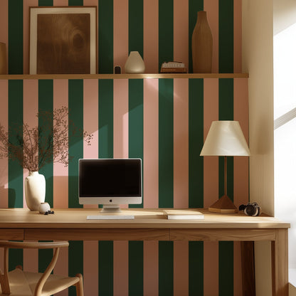 Wide Stripe Wallpaper – Warm Blush & Forest Green styled in a hallway and home office