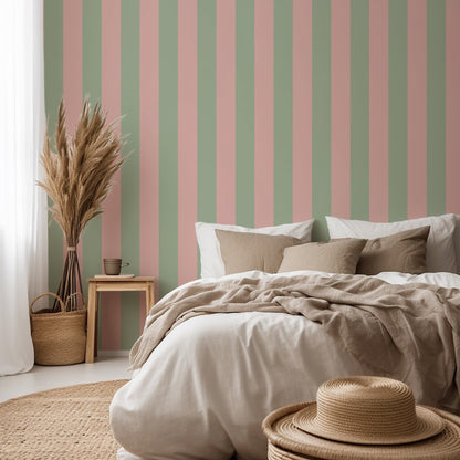 Wide Stripe Wallpaper – Warm Blush & Soft Sage styled in a bedroom