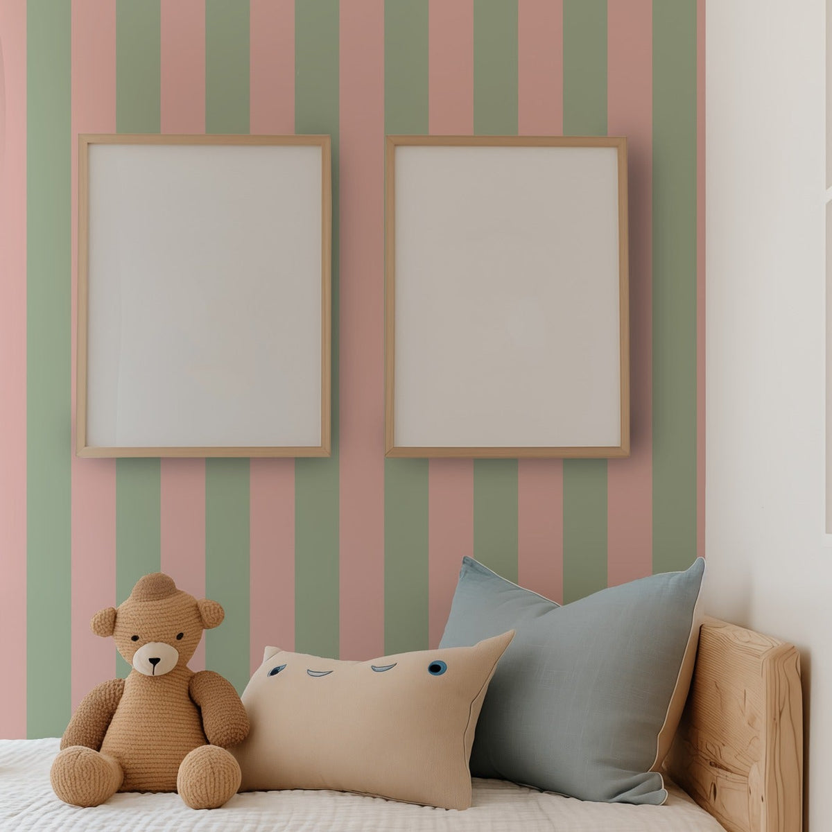 Wide Stripe Wallpaper – Warm Blush & Soft Sage styled in a kids' room and nursery
