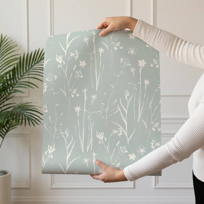 Wildflower Veil wallpaper design — cream sketched wildflowers on a soft sage-green ground