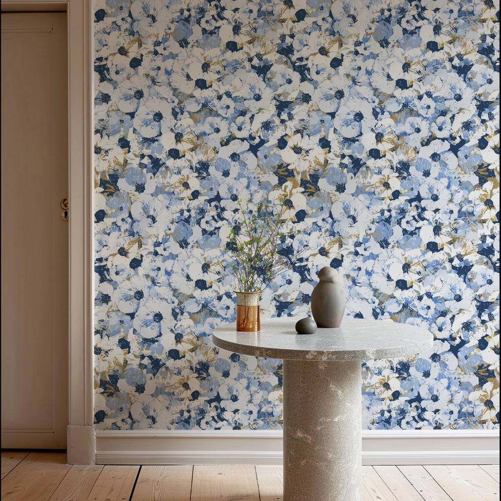 Winter Bloom wallpaper in a home office and hallway